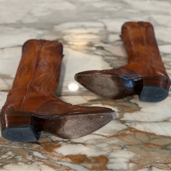 Lucchese Women’s Tall Chocolate + Saddle Brown Leather Cowboy Boots with Inlay - Picture 5 of 14